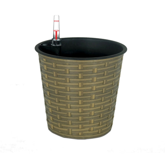 Hema 10 Inch Self Watering Planter, Wicker, Hand Woven Rattan, Brown Finish By Casagear Home