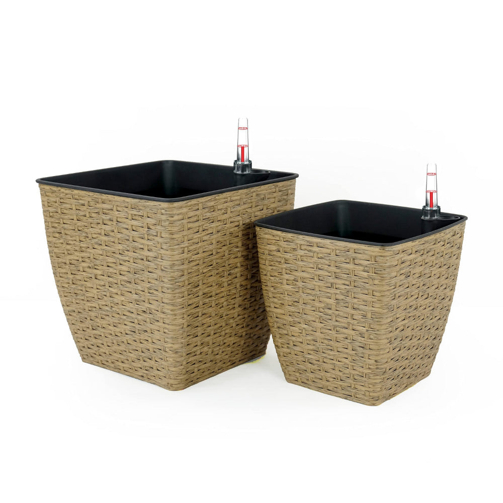Aly Self Watering Planter Set of 2, Intricately Hand Woven Rattan, Brown By Casagear Home