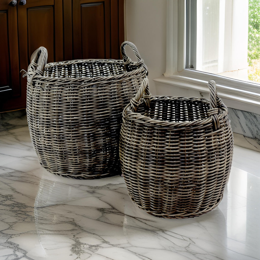 Storage and Laundry Basket Set of 2, Round Handles, Hand Woven Wicker, Gray By Casagear Home