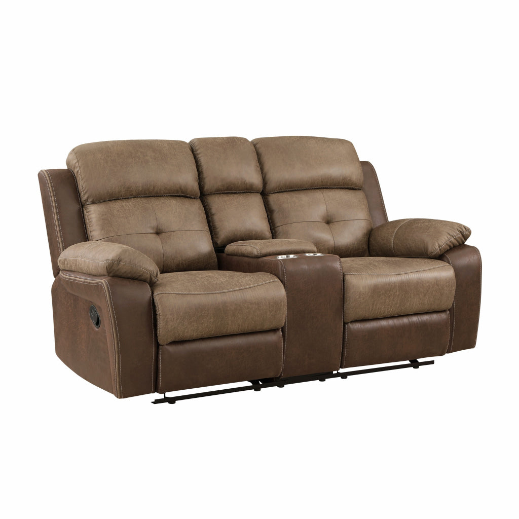 Emma 73 Inch Double Manual Recliner Loveseat, Brown Microfiber, Solid Wood By Casagear Home