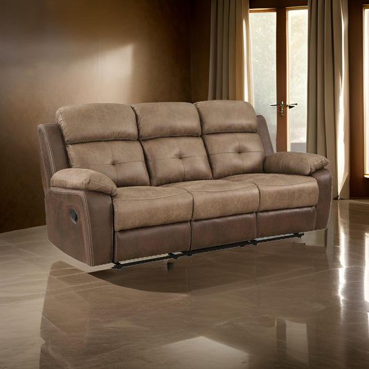 Emma 84 Inch Double Manual Recliner Sofa, Soft Brown Microfiber, Solid Wood By Casagear Home