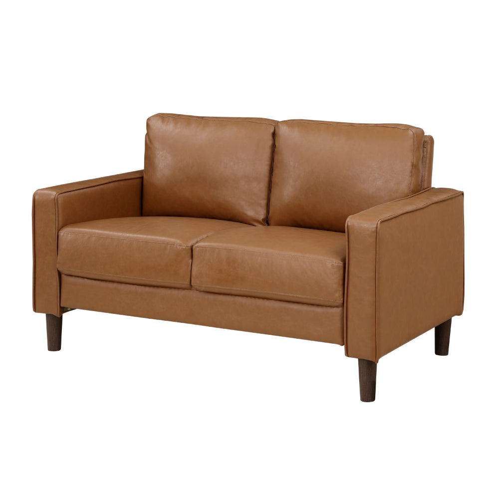 Stark 54 Inch Loveseat, Brown Faux Leather, Track Style Arms, Solid Wood By Casagear Home