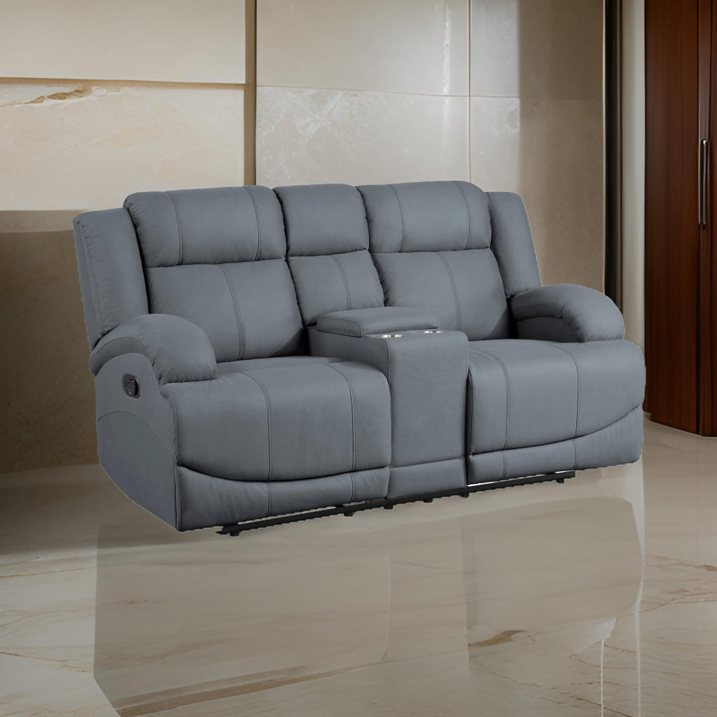 Kate 71 Inch Double Manual Recliner Loveseat, Center Console, Blue Fabric By Casagear Home