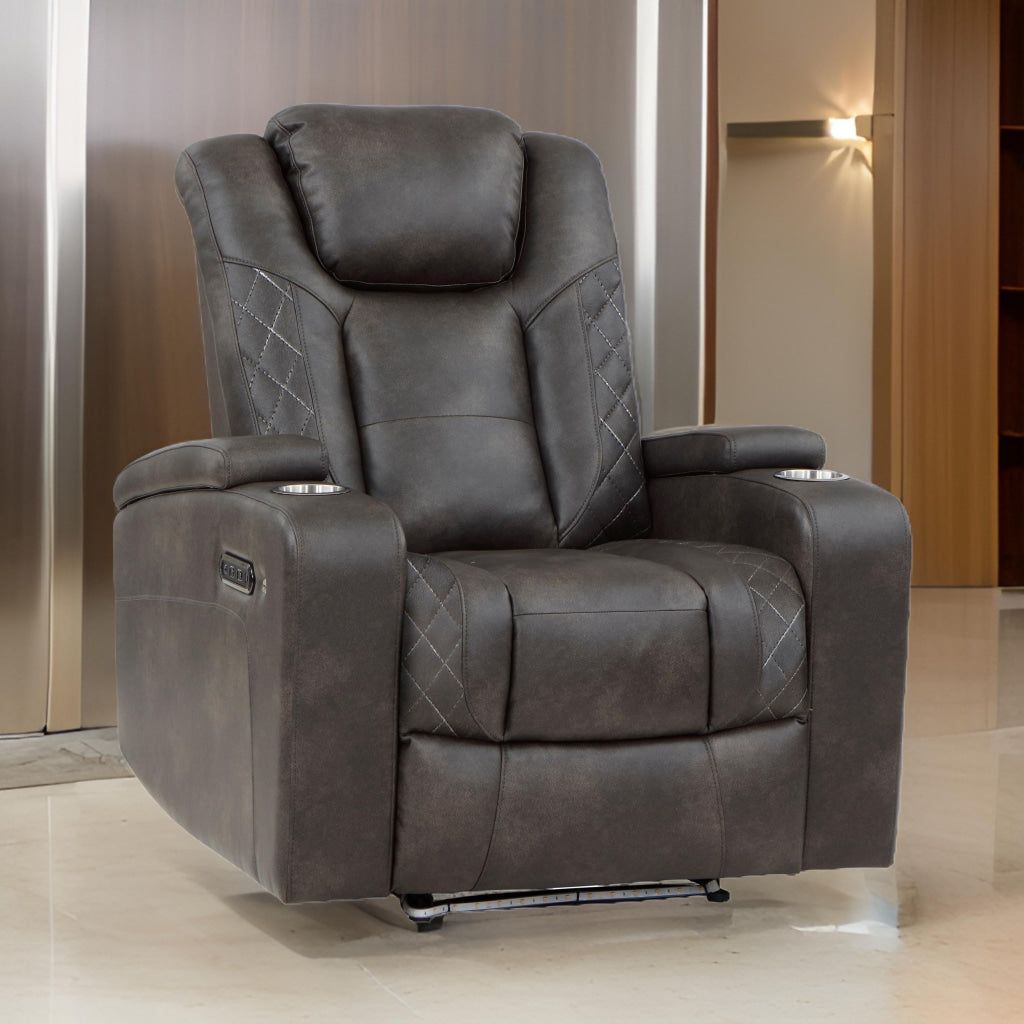 Mia 40 Inch Power Recliner Chair Gray Faux Leather LED USB Cupholders By Casagear Home BM315193