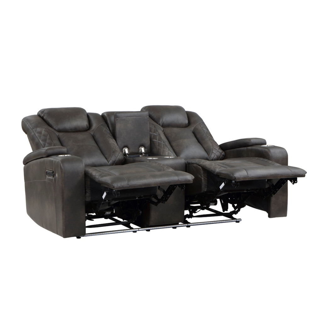 Mia 72 Inch Power Double Recliner Loveseat Gray Faux Leather LED USB By Casagear Home BM315194