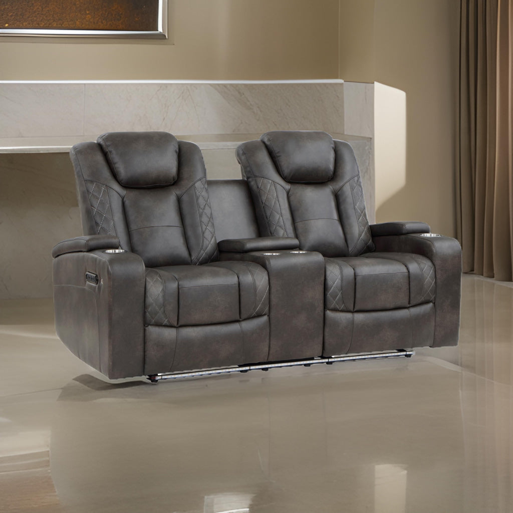 Mia 72 Inch Power Double Recliner Loveseat Gray Faux Leather LED USB By Casagear Home BM315194