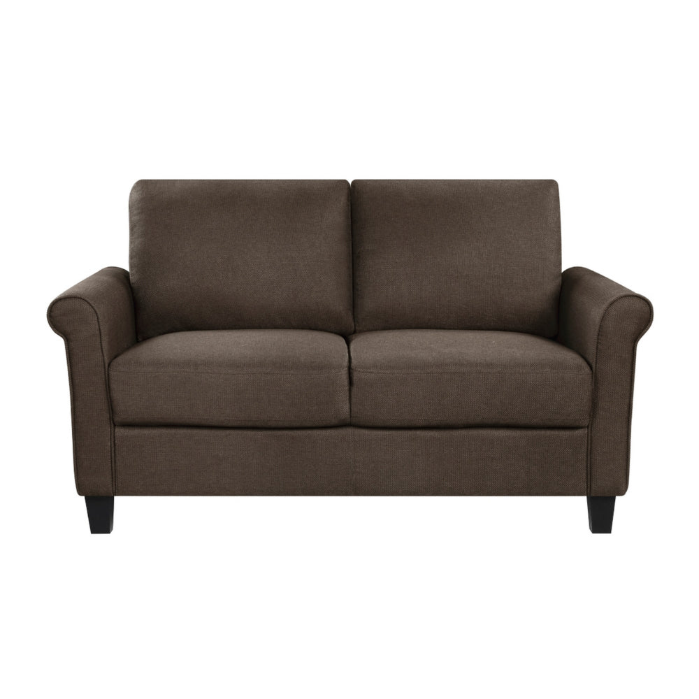 Nora 58 Inch Loveseat, Brown Polyester, Cushions, Rolled Arms, Solid Wood By Casagear Home