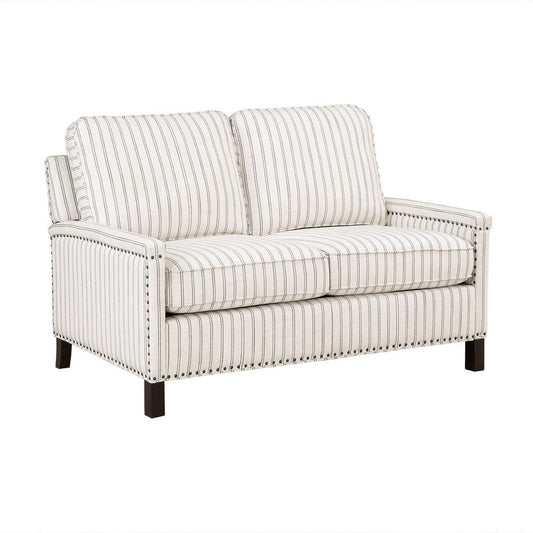 Claire 54 Inch Loveseat, Beige Gray Polyester Pinstripes Design, Solid Wood By Casagear Home