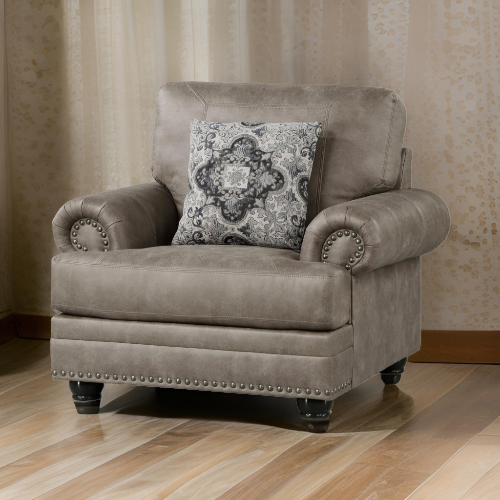 Jade 41 Inch Accent Chair, Taupe Brown Microfiber, 1 Decor Pillow, Wood By Casagear Home