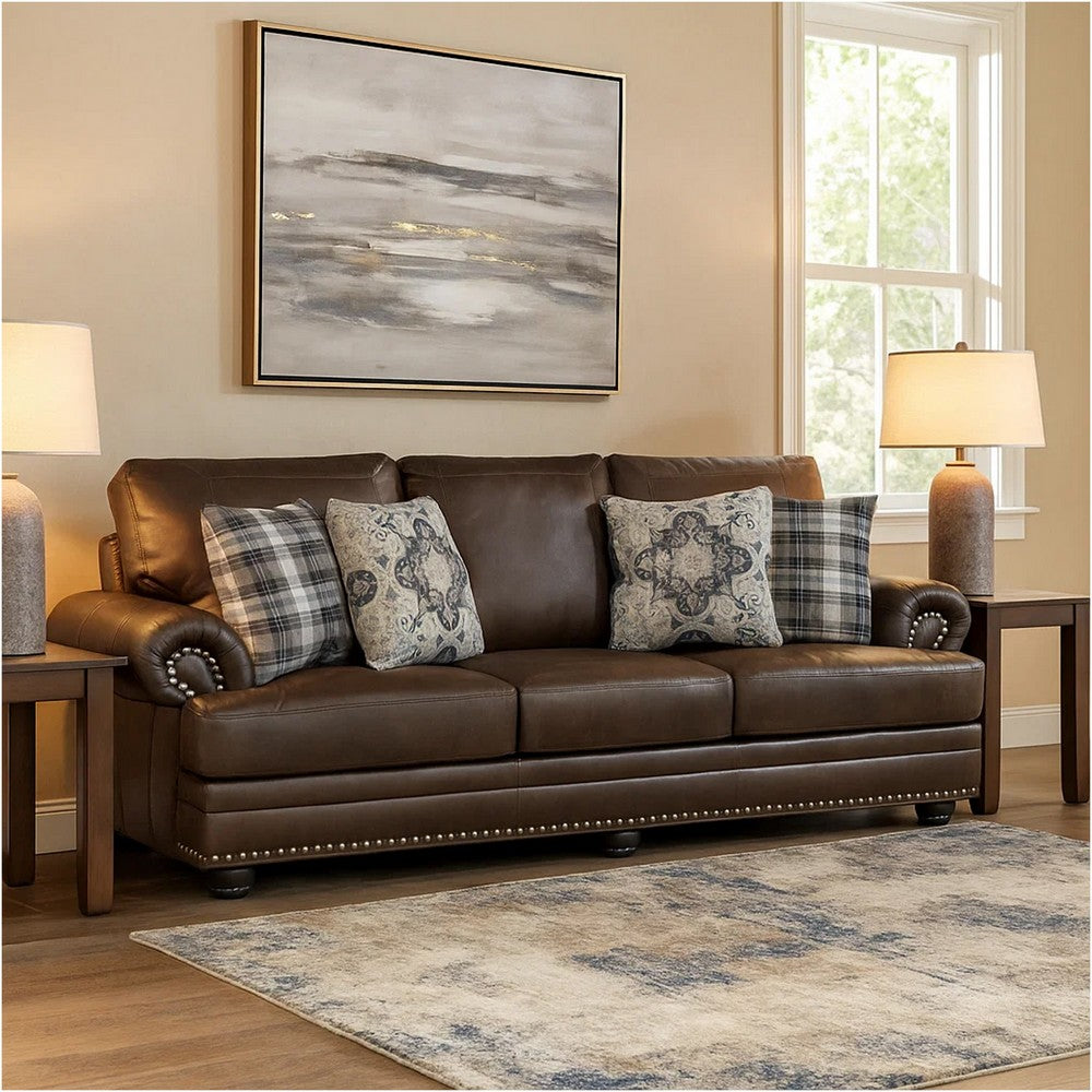 Jade 98 Inch Sofa, Rich Brown Microfiber, 4 Pillows, Soft Cushions, Wood By Casagear Home