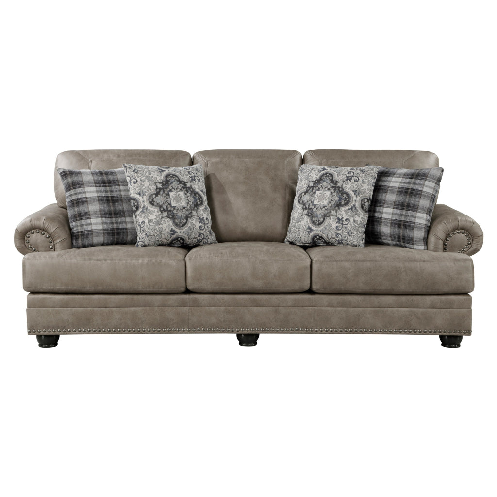 Jade 98 Inch Sofa Taupe Brown Microfiber 4 Pillows Soft Cushions Wood By Casagear Home BM315217