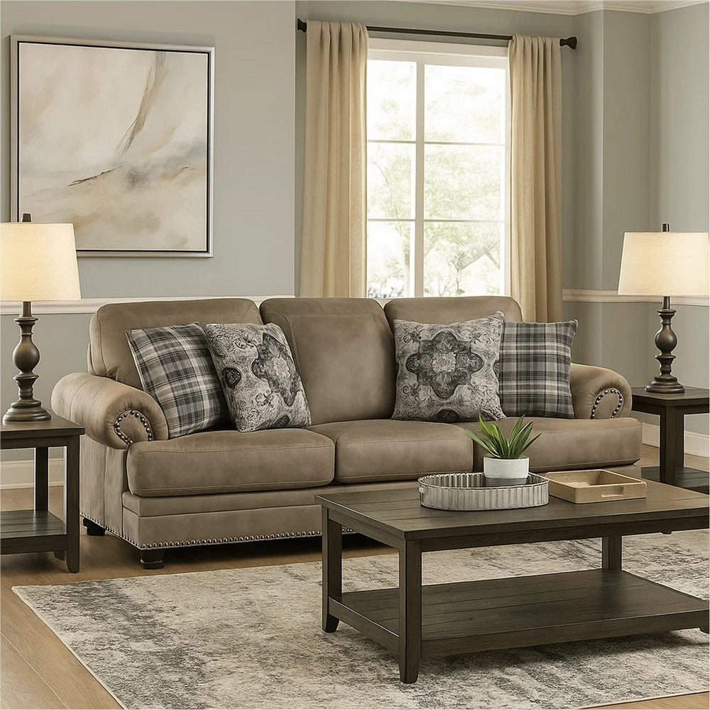 Jade 98 Inch Sofa, Taupe Brown Microfiber, 4 Pillows, Soft Cushions, Wood By Casagear Home