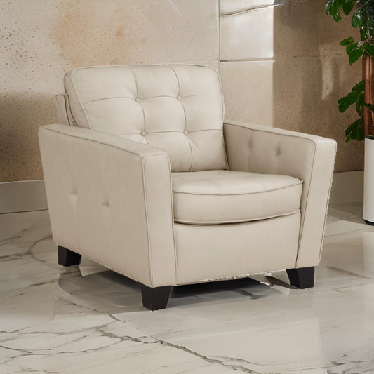Erin 39 Inch Accent Chair, Beige Leather, Tufted, Soft Cushions, Solid Wood By Casagear Home