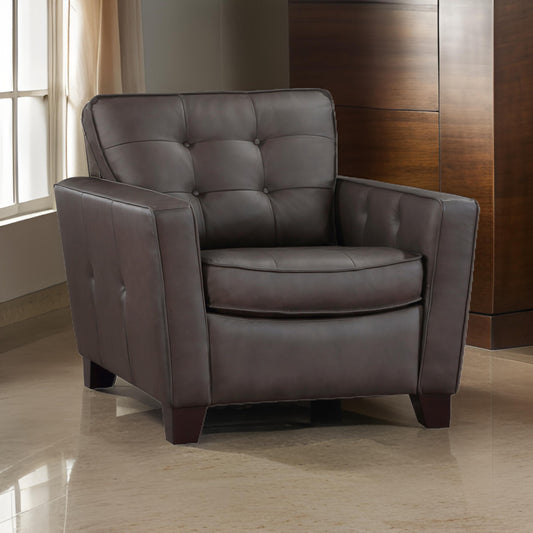 Erin 39 Inch Accent Chair, Brown Leather, Tufted, Soft Cushions, Solid Wood By Casagear Home