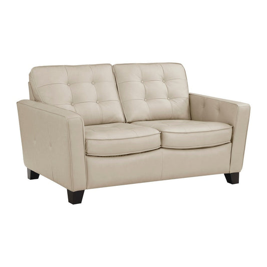 Erin 62 Inch Loveseat, Beige Leather, Stitch Tufting, Cushions, Solid Wood By Casagear Home