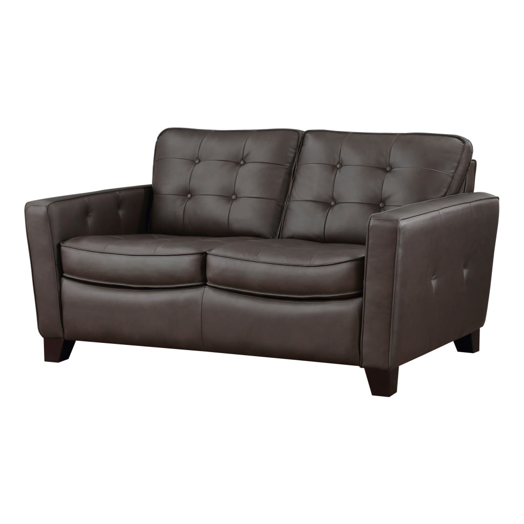 Erin 62 Inch Loveseat Brown Leather Stitch Tufting Cushions Solid Wood By Casagear Home BM315221