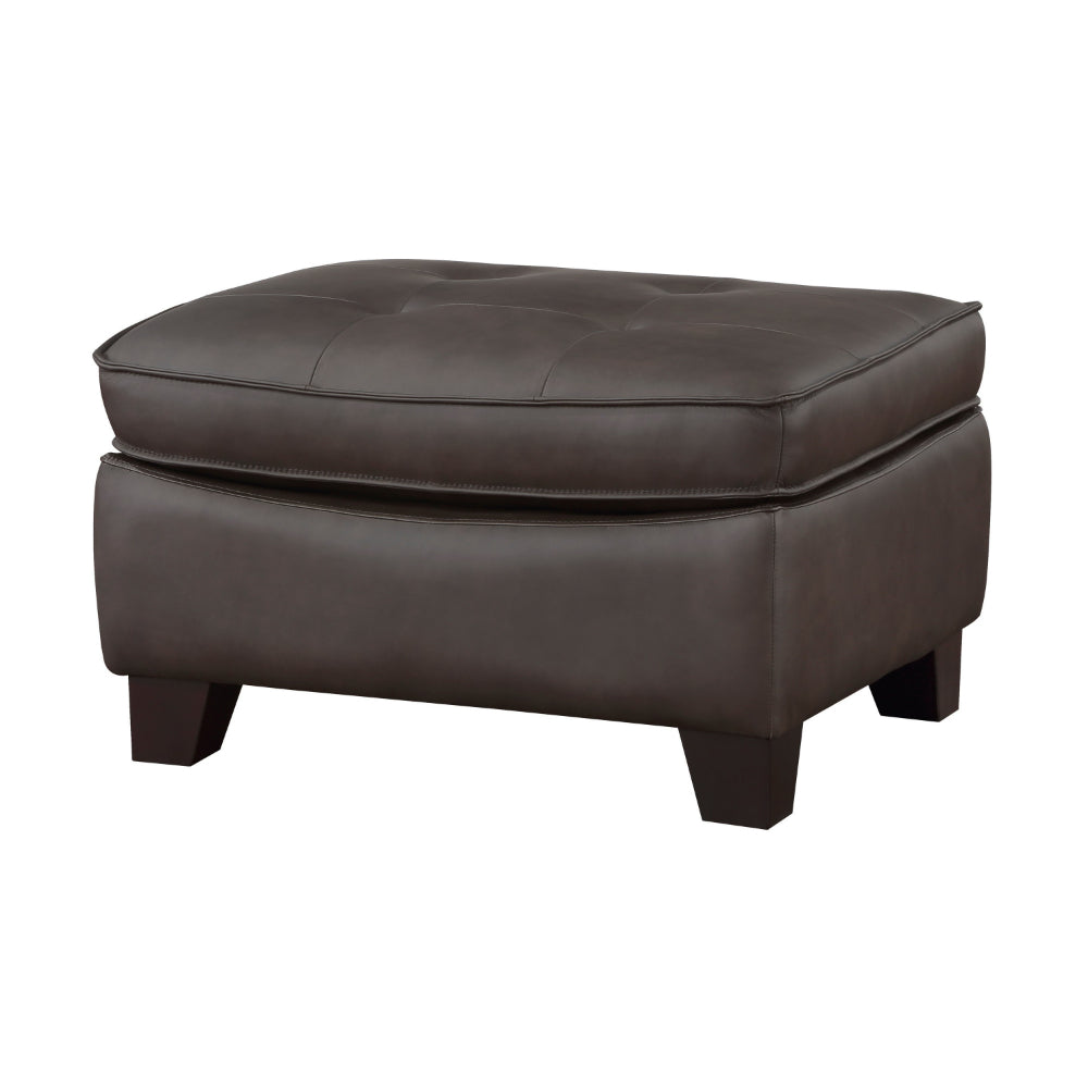Erin 30 Inch Ottoman, Brown Leather, Stitch Tufting, Cushion, Solid Wood By Casagear Home