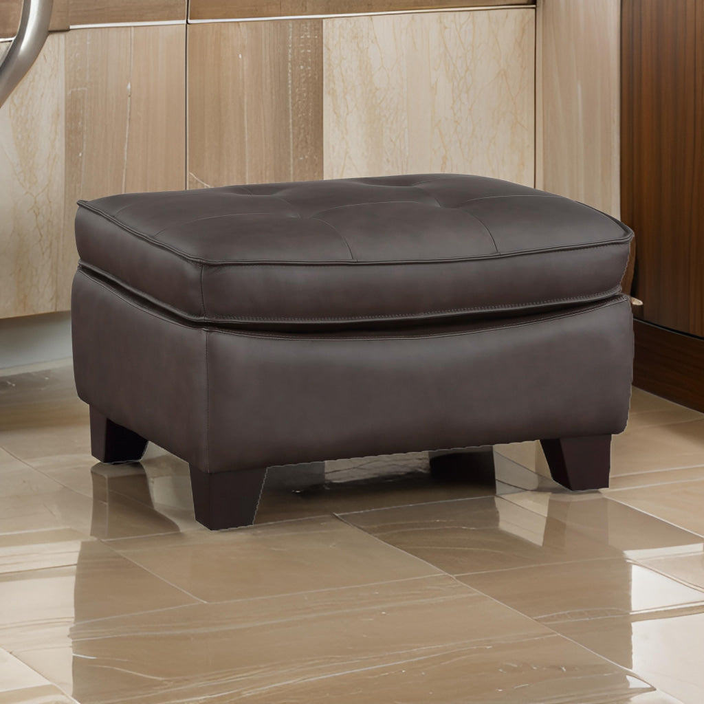 Erin 30 Inch Ottoman Brown Leather Stitch Tufting Cushion Solid Wood By Casagear Home BM315225