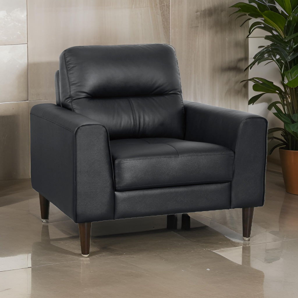 Willow 37 Inch Accent Chair, Black Top Grain and Faux Leather, Solid Wood By Casagear Home