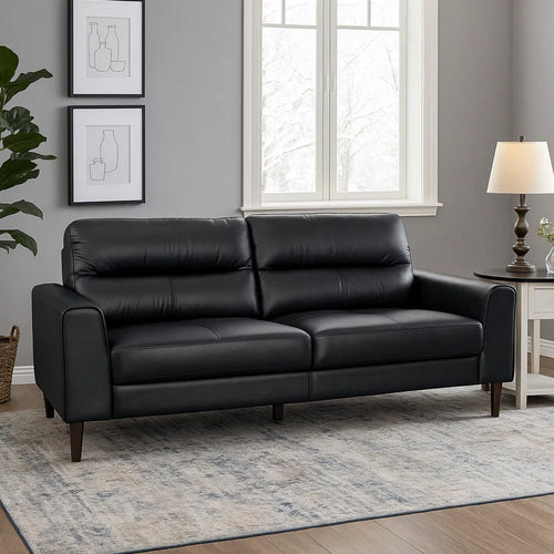 Willow 76 Inch Sofa, Plush Black Top Grain and Faux Leather, Solid Wood By Casagear Home