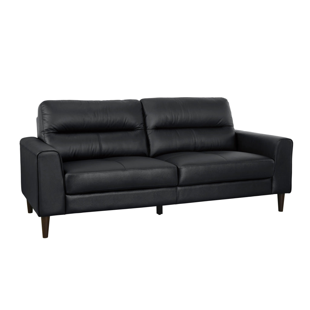 Willow 76 Inch Sofa Plush Black Top Grain and Faux Leather Solid Wood By Casagear Home BM315236