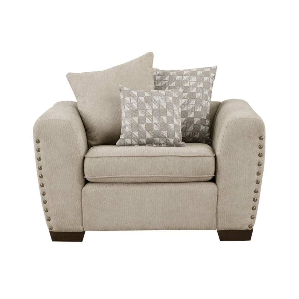 Gini 45 Inch Accent Chair, 3 Pillows, Nailhead Trim, Brown Chenille, Wood By Casagear Home