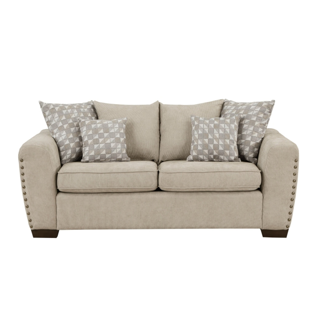 Gini 70 Inch Loveseat 6 Pillows Nailhead Trim Brown Chenille Solid Wood By Casagear Home BM315240