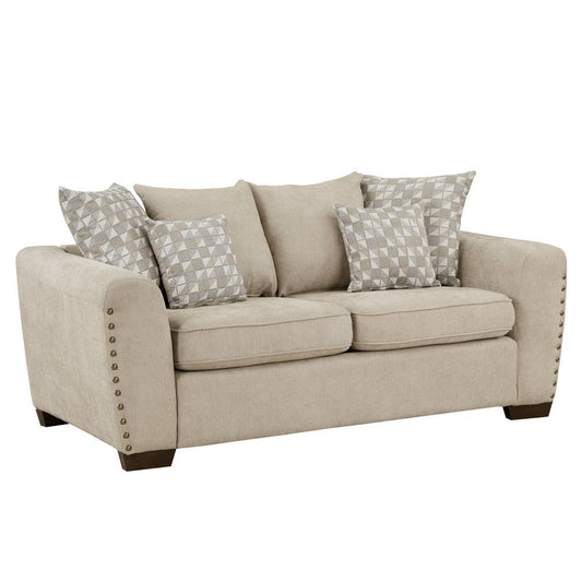 Gini 70 Inch Loveseat, 6 Pillows, Nailhead Trim, Brown Chenille, Solid Wood By Casagear Home