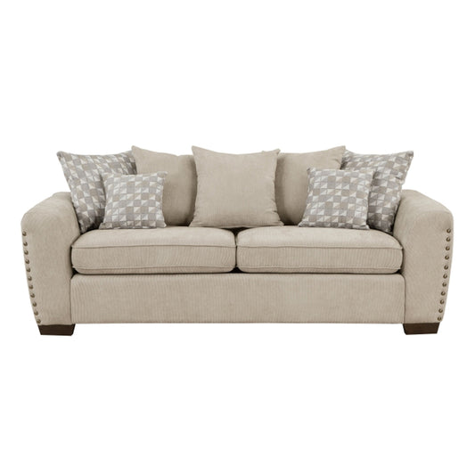 Gini 82 Inch Sofa 7 Pillows Nailhead Trim Brown Chenille Solid Wood By Casagear Home BM315241