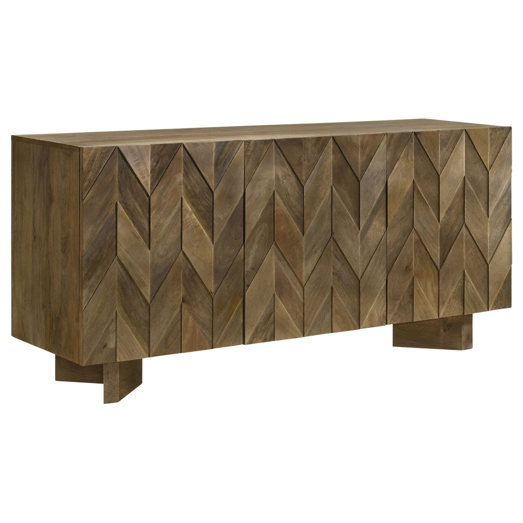 64 Inch Dining Sideboard Server, 2 Cabinets, Chevron Pattern, Mango Brown By Casagear Home