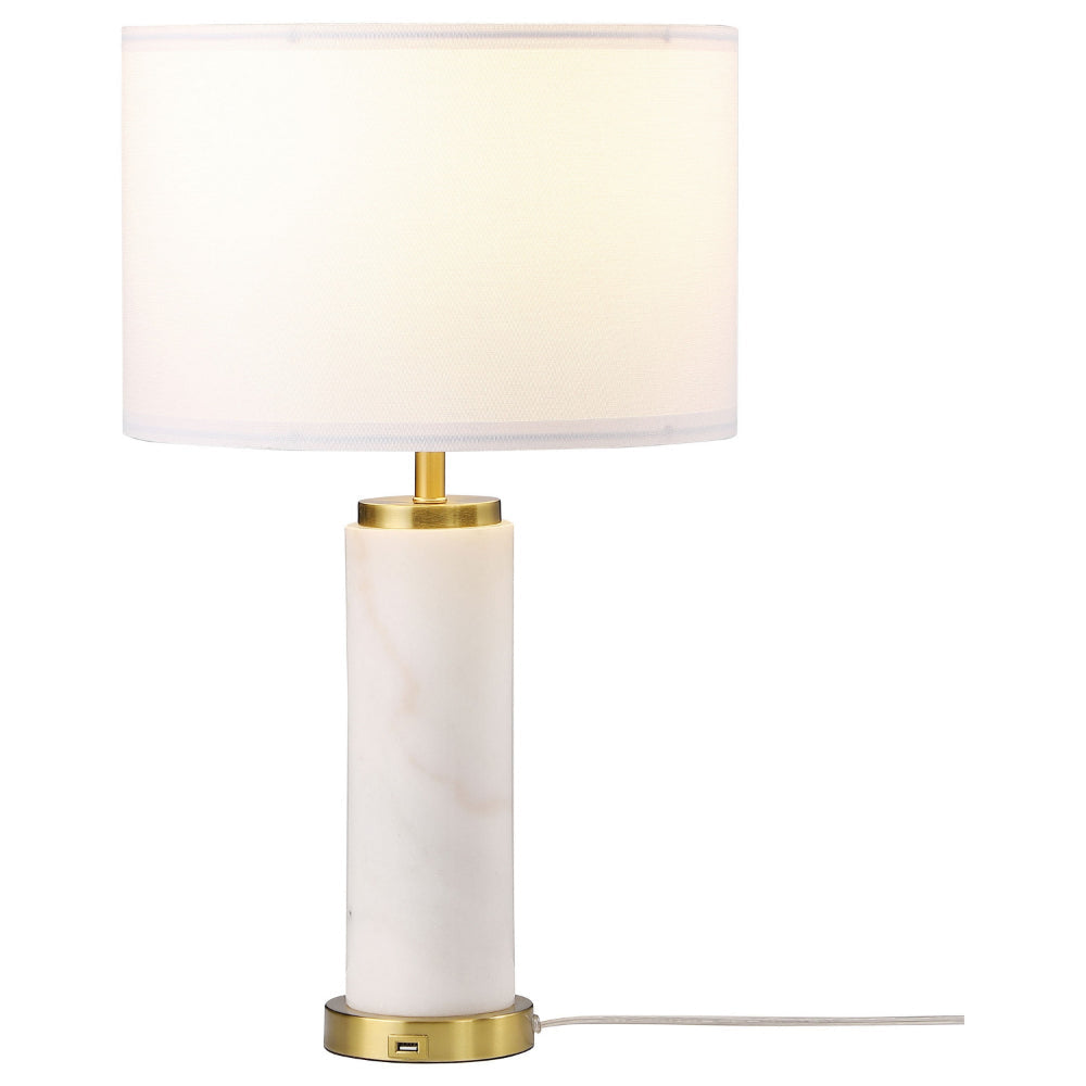 25 Inch Table Lamp White Fabric Drum Shade Modern Gold Metal Round Base By Casagear Home BM315251