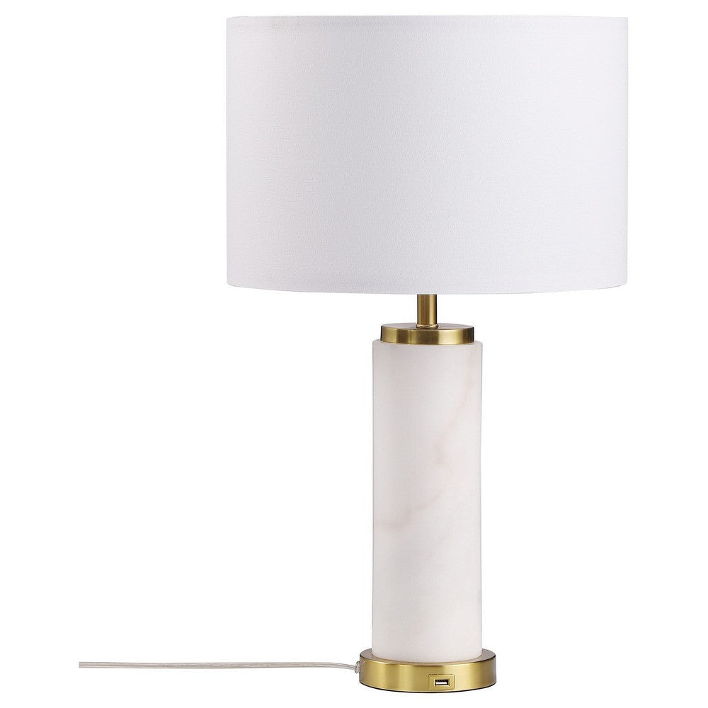 25 Inch Table Lamp White Fabric Drum Shade Modern Gold Metal Round Base By Casagear Home BM315251