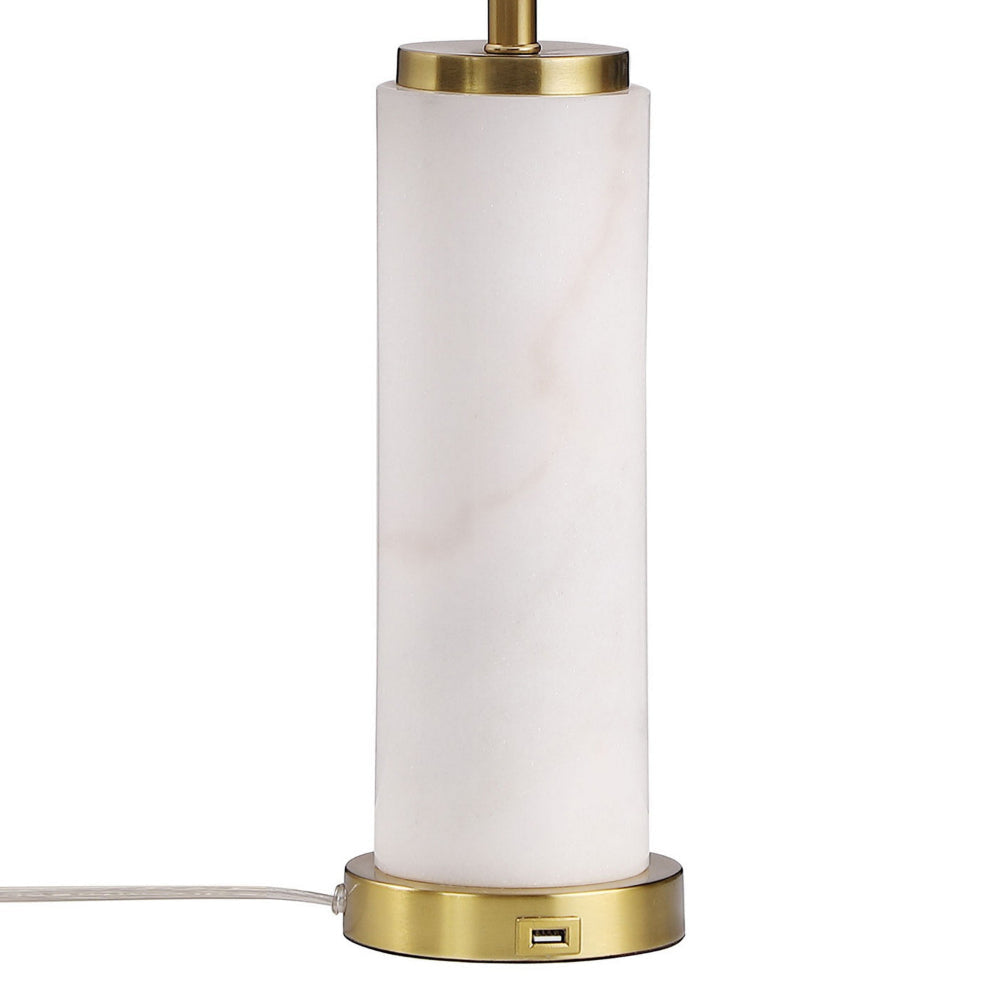 25 Inch Table Lamp White Fabric Drum Shade Modern Gold Metal Round Base By Casagear Home BM315251