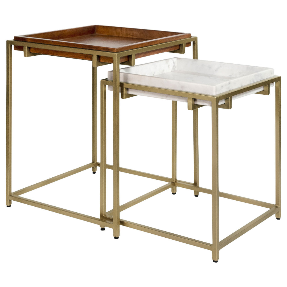 2 Piece Nesting End Table Set, Square Tray Top, White Marble, Gold, Brown By Casagear Home
