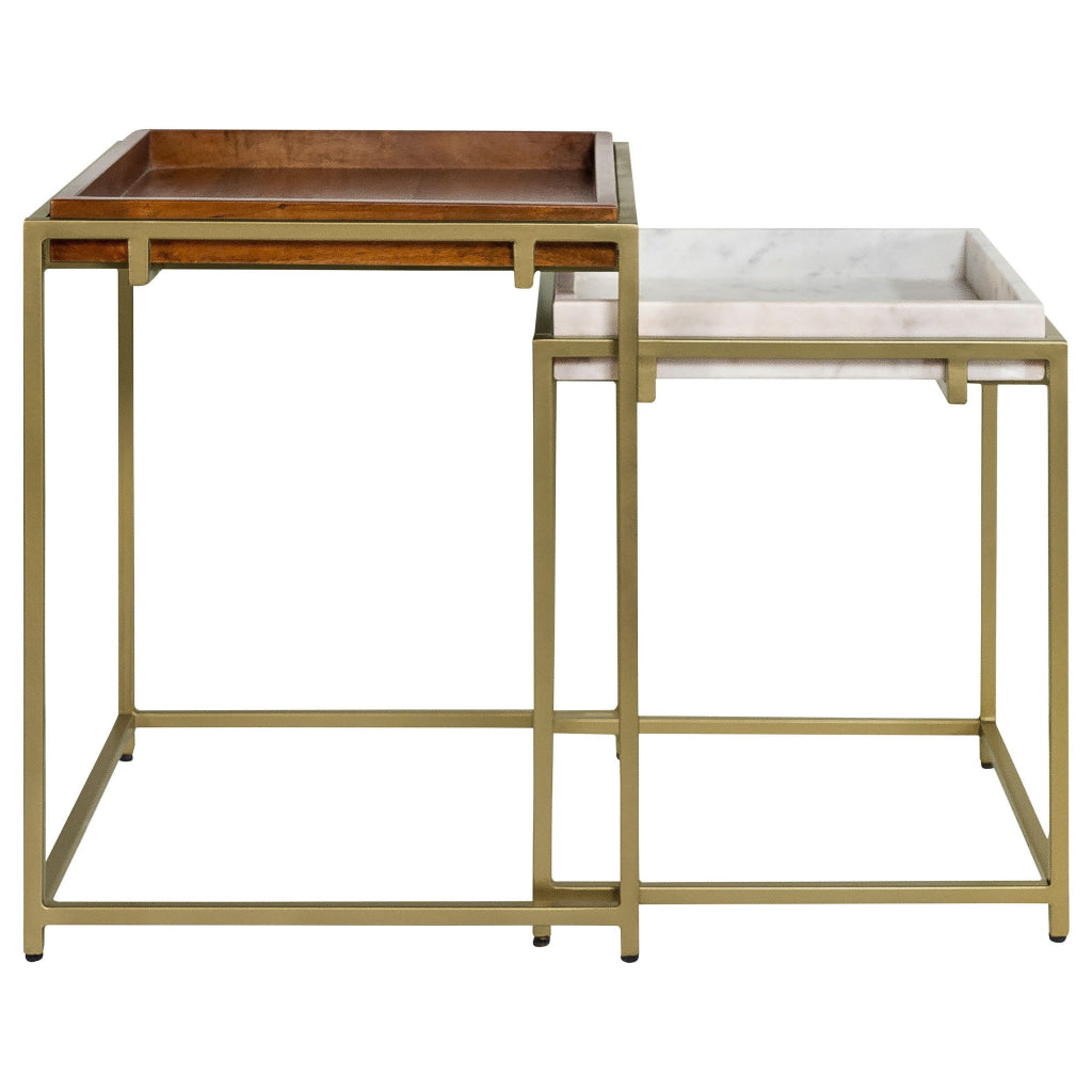 2 Piece Nesting End Table Set Square Tray Top White Marble Gold Brown By Casagear Home BM315254