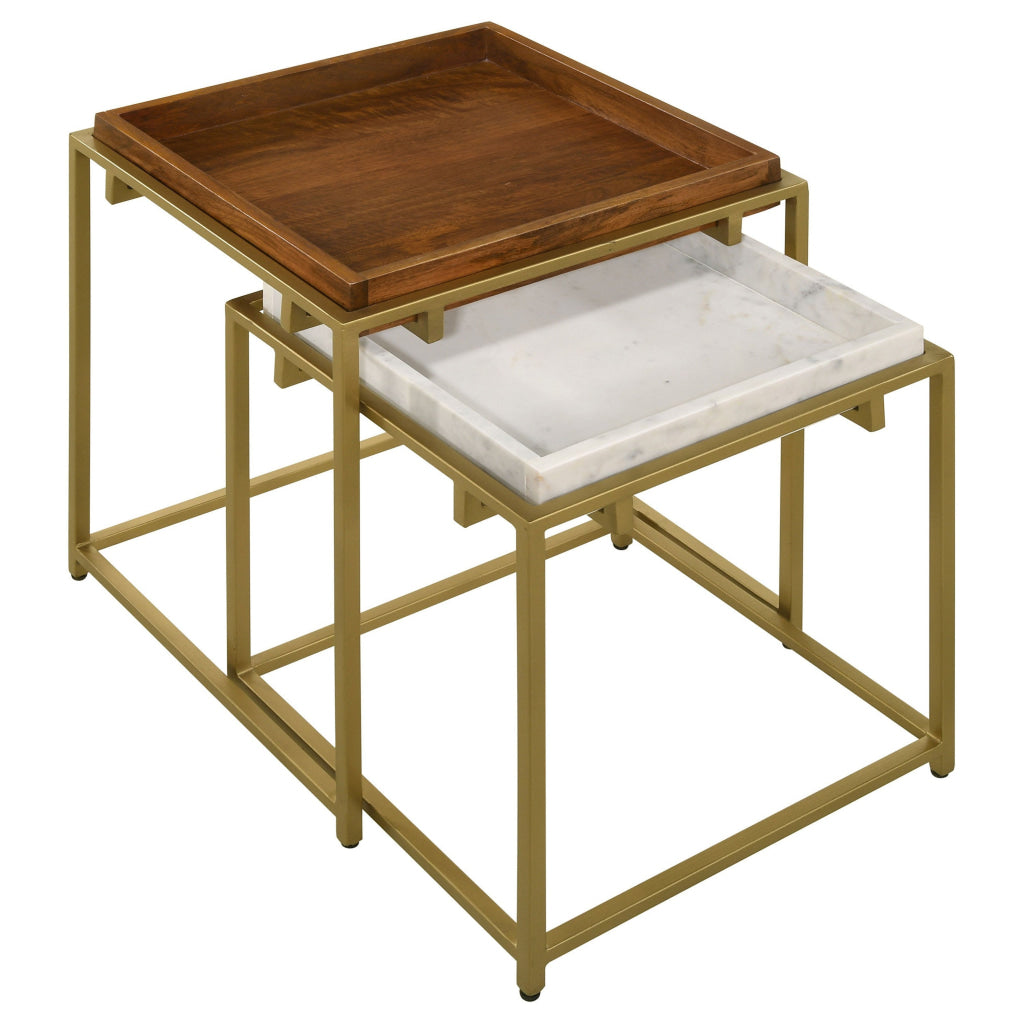 2 Piece Nesting End Table Set Square Tray Top White Marble Gold Brown By Casagear Home BM315254