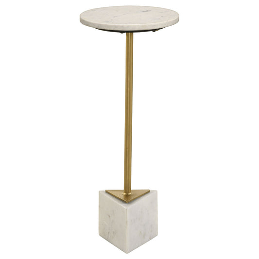 Drink Side Table, 10 Inch Round Marble Top, Triangular Base, Gold Frame By Casagear Home