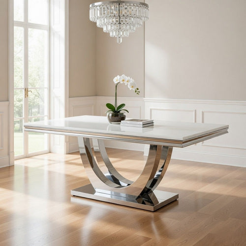 71 Inch Dining Table, Rectangular White Faux Marble Top, Pedestal Base By Casagear Home