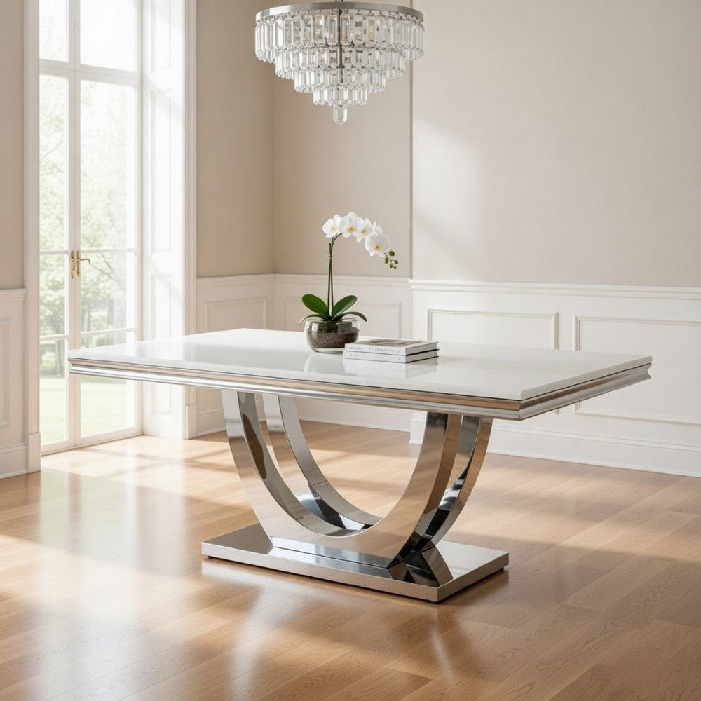 71 Inch Dining Table, Rectangular White Faux Marble Top, Pedestal Base By Casagear Home