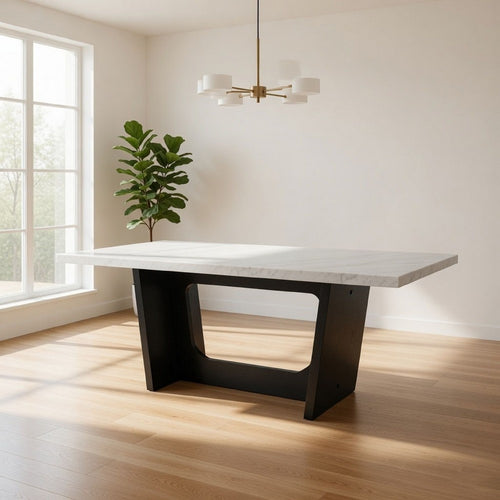 Shoy 72 Inch Dining Table, Rectangular White Marble Top, Trestle, Brown By Casagear Home