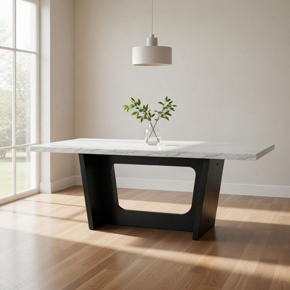 Shoy 72 Inch Dining Table, Rectangular White Marble Top, Trestle, Brown By Casagear Home