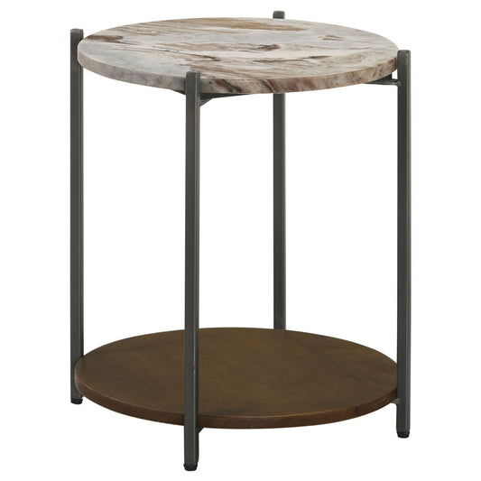 20 Inch Accent Table, Round Marble Top, 1 Shelf, Brown, Gunmetal Finish By Casagear Home