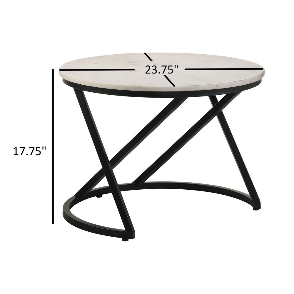 24 Inch Accent Coffee Table White Marble Top C Base Black Metal Finish By Casagear Home BM315263