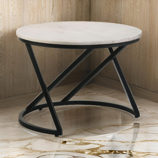 24 Inch Accent Coffee Table, White Marble Top, C Base, Black Metal Finish By Casagear Home