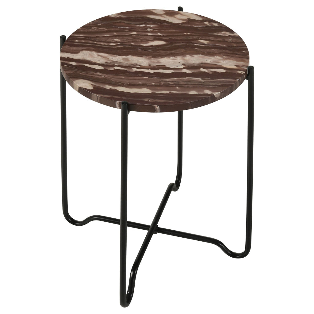 22 Inch Accent Table Round Red Marble Top Crossed Open Black Metal Base By Casagear Home BM315264