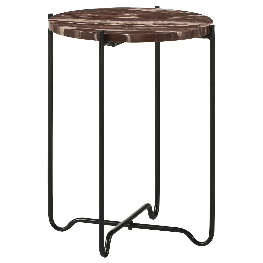 22 Inch Accent Table Round Red Marble Top Crossed Open Black Metal Base By Casagear Home BM315264