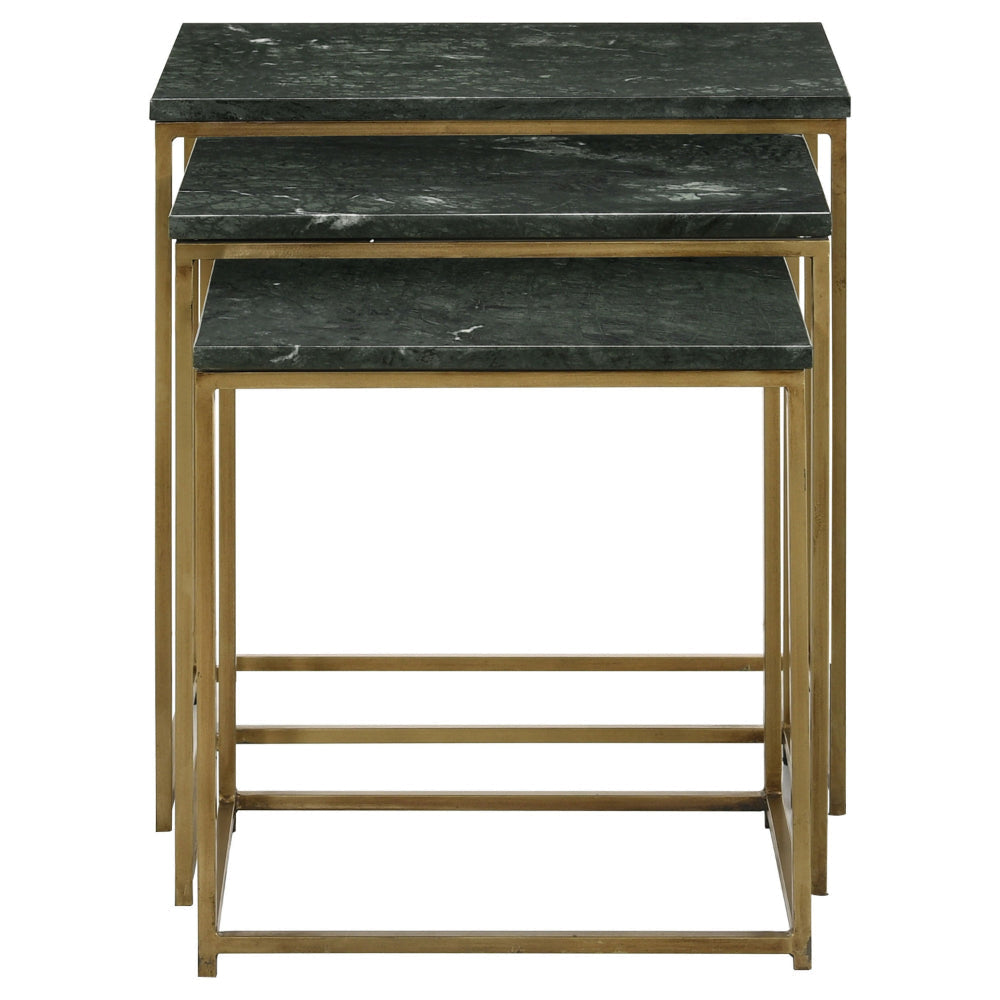 Agi 3 Piece Nesting Side Table Set Green Square Marble Gold Metal Frame By Casagear Home BM315268