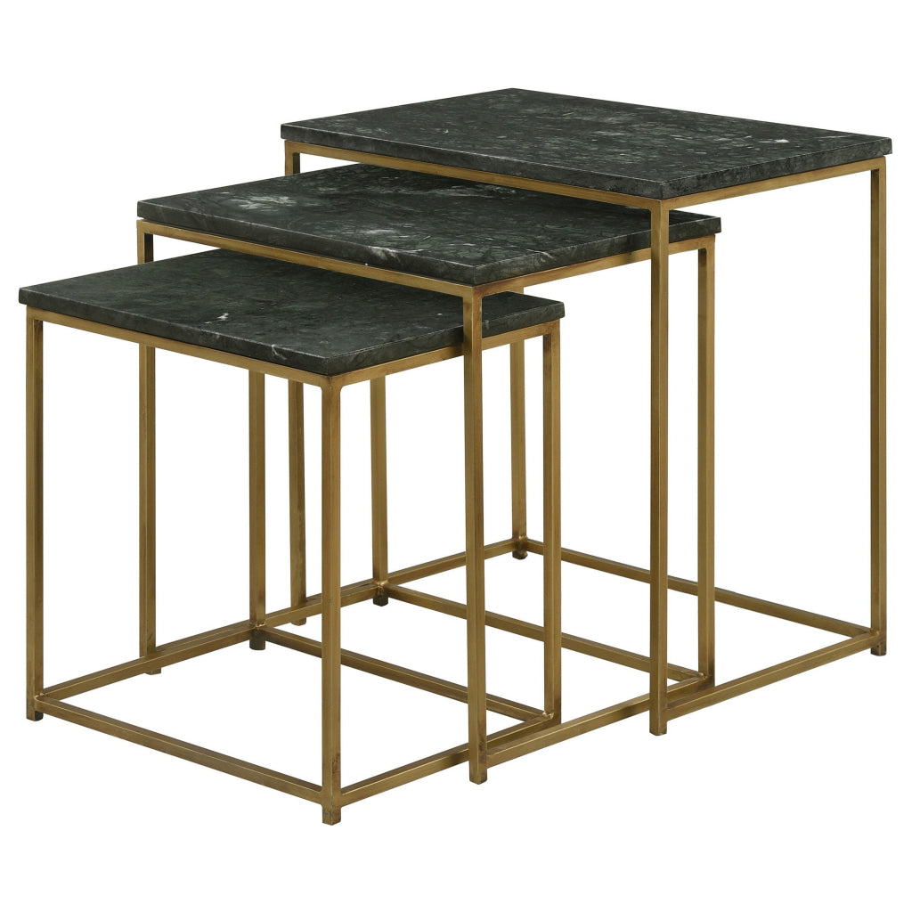 Agi 3 Piece Nesting Side Table Set Green Square Marble Gold Metal Frame By Casagear Home BM315268