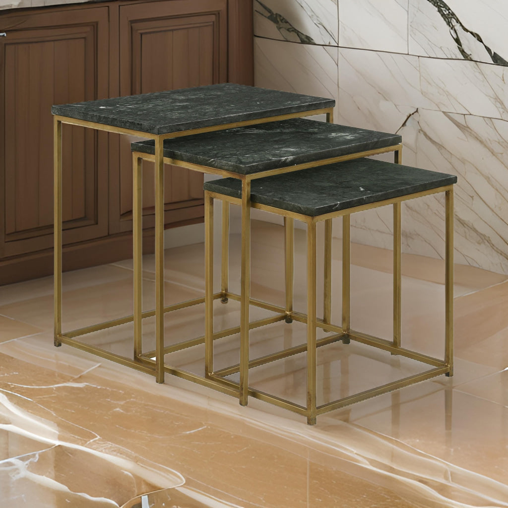 Agi 3 Piece Nesting Side Table Set, Green Square Marble, Gold Metal Frame By Casagear Home