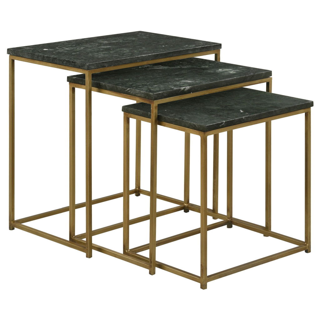 Agi 3 Piece Nesting Side Table Set Green Square Marble Gold Metal Frame By Casagear Home BM315268